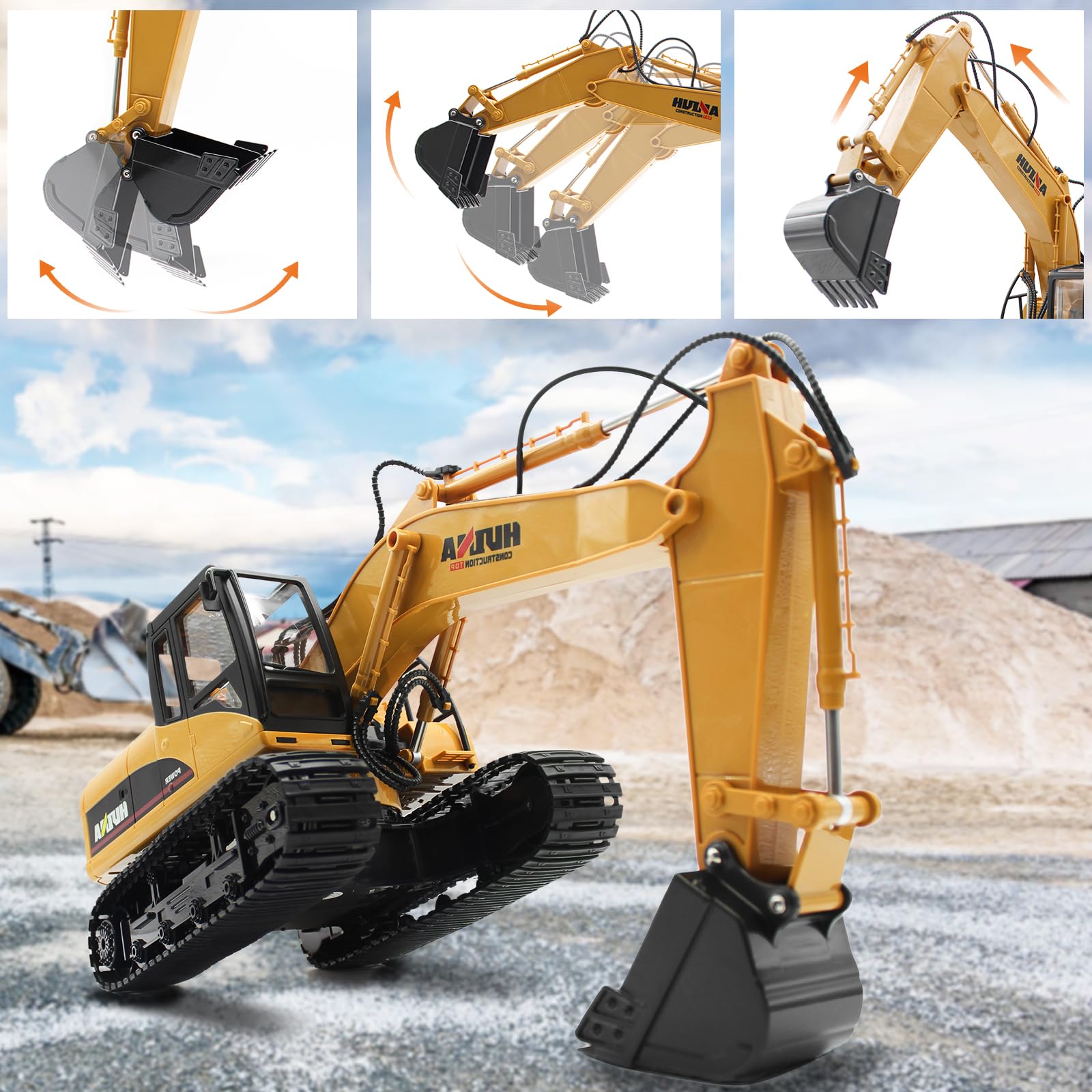 fisca Remote Control Excavator RC Construction Vehicles 15 Channel 2.4G Full Function Digger Toys with Metal Shovel Sound and Lights