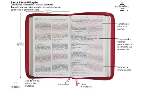 Biblia Reina Valera 1960 letra grande. Símil piel fucsia, cremallera, tamaño manual / Spanish Holy Bible RVR 1960. Handy Size, Large Print, Leathersoft, Zipp