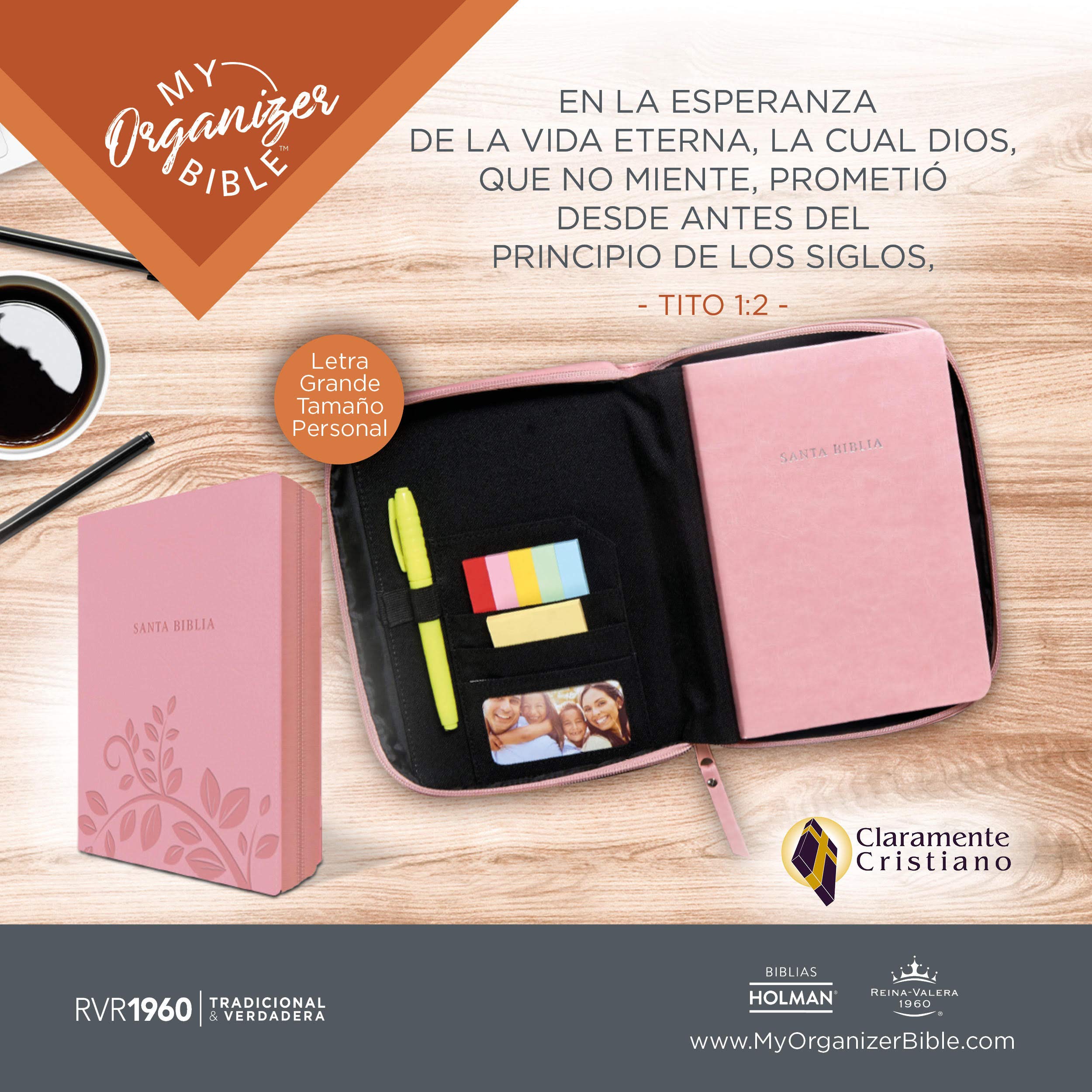 Biblia Letra Grande para Mujer con Cierre y Forro Organizador RV 1960 rosado con indice - My Organizer Bible