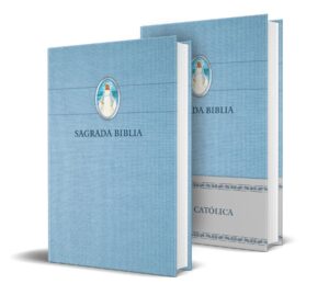 biblia católica en español. tapa dura azul, con virgen milagrosa en cubierta / catholic bible. spanish-language, hardcover, blue, compact