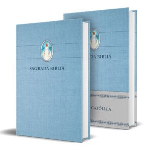 Biblia Católica en español. Tapa dura azul, con Virgen Milagrosa en cubierta / Catholic Bible. Spanish-Language, Hardcover, Blue, Compact