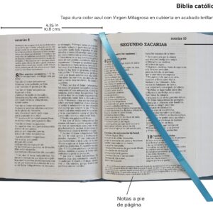 Biblia Católica en español. Tapa dura azul, con Virgen Milagrosa en cubierta / Catholic Bible. Spanish-Language, Hardcover, Blue, Compact