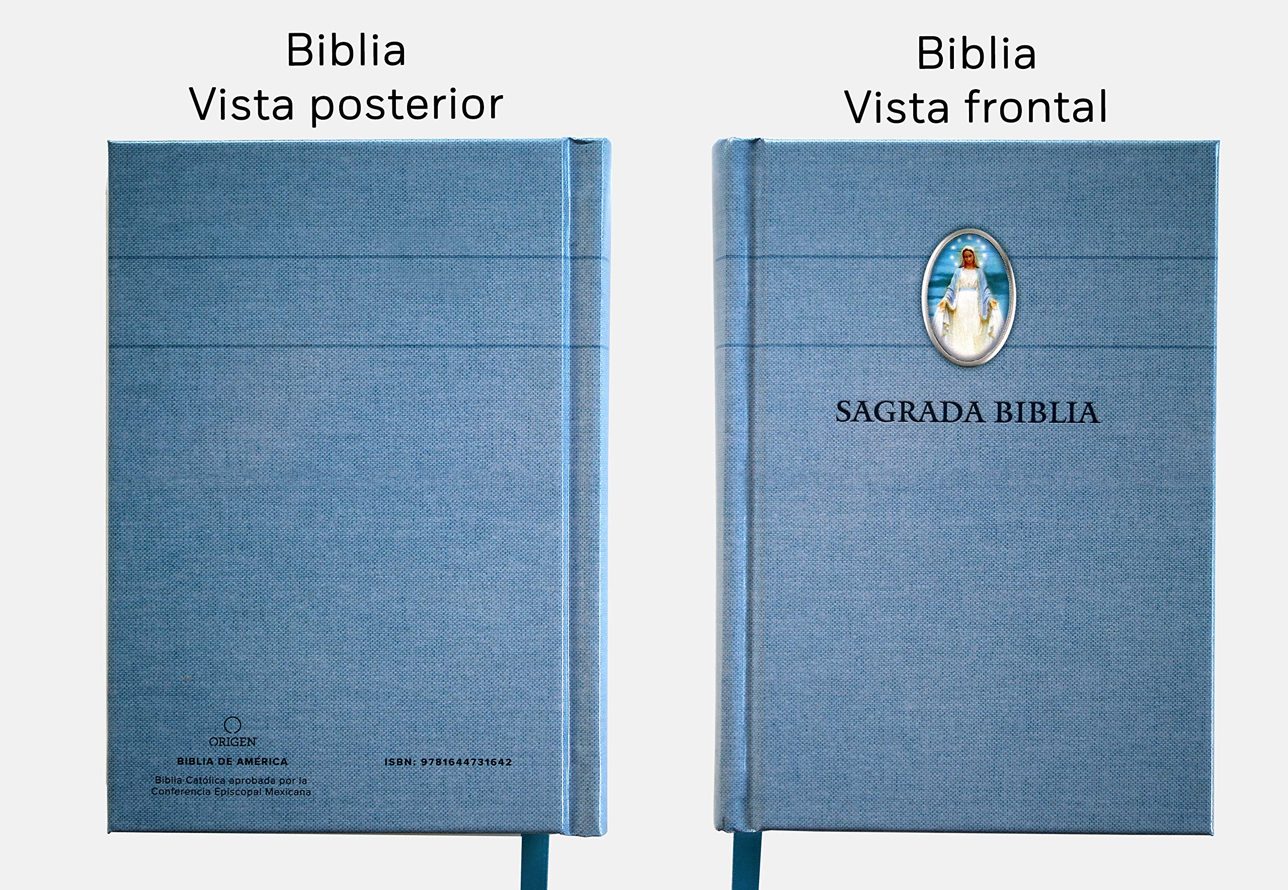 Biblia Católica en español. Tapa dura azul, con Virgen Milagrosa en cubierta / Catholic Bible. Spanish-Language, Hardcover, Blue, Compact