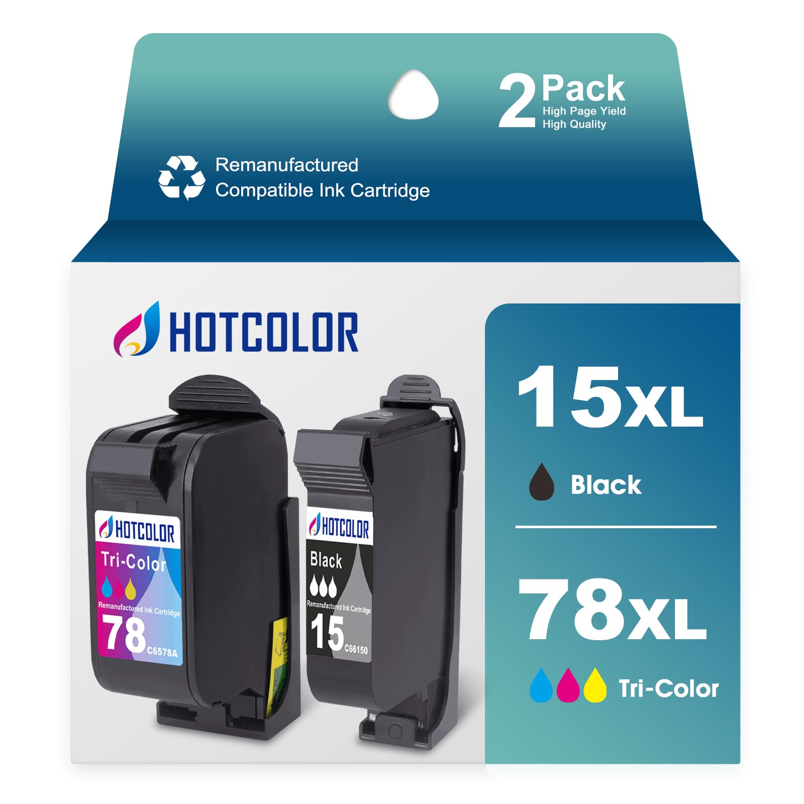 HOTCOLOR Ink Cartridge 78 15 Replacement for HP 15 78 Ink for HP 940C Ink Deskjet 812c PSC 750 Officejet V40 G85 ink(1Black/1Tri-Color, 2Pack)