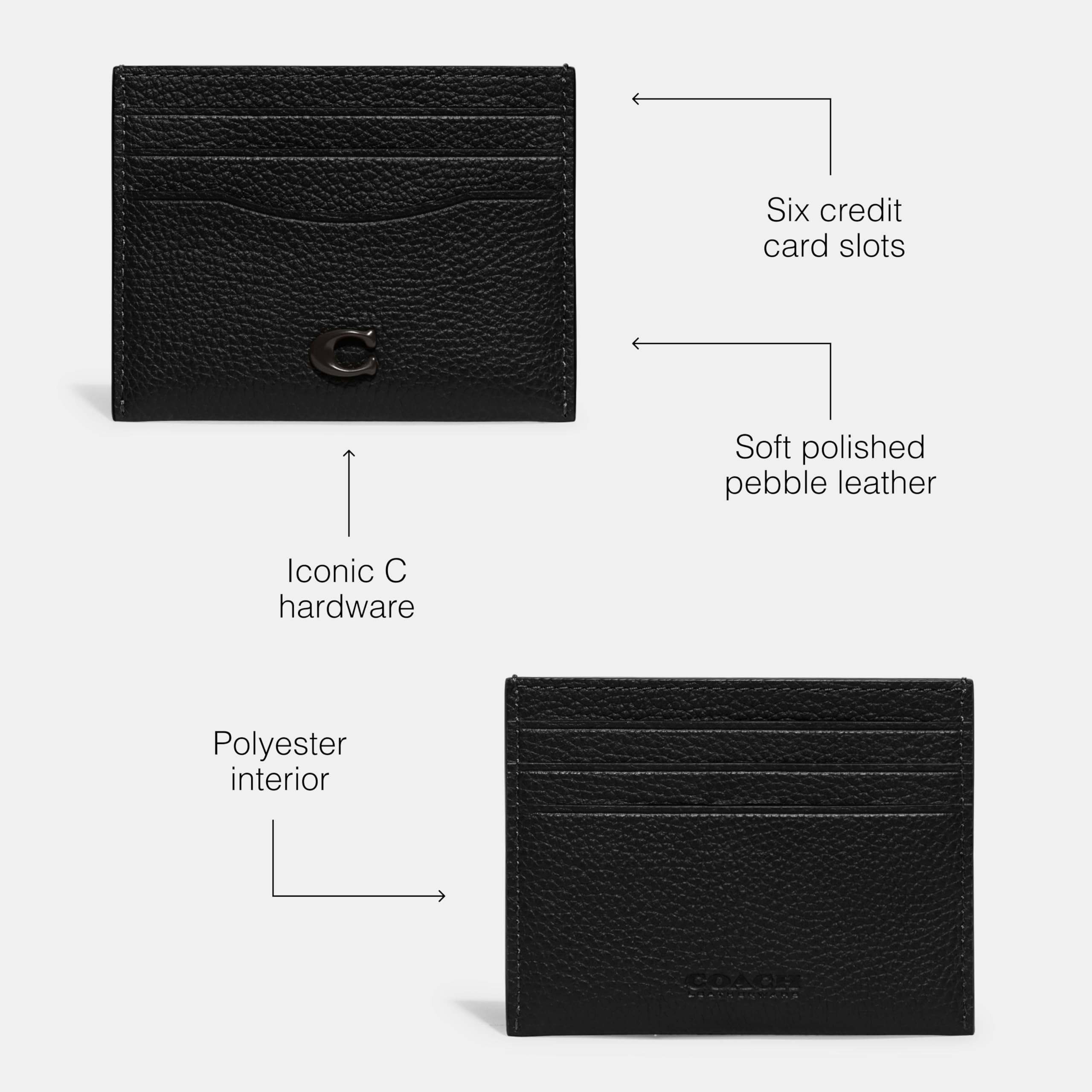 Coach Flat Card Case in Pebble Leather W/Sculpted C Hardware Branding, Black, One Size