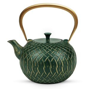 tea kettle, toptier japanese cast iron tea kettle for stove top, stovetop safe teapot with infusers for loose tea, 34 ounce (1000 ml), dark green melody