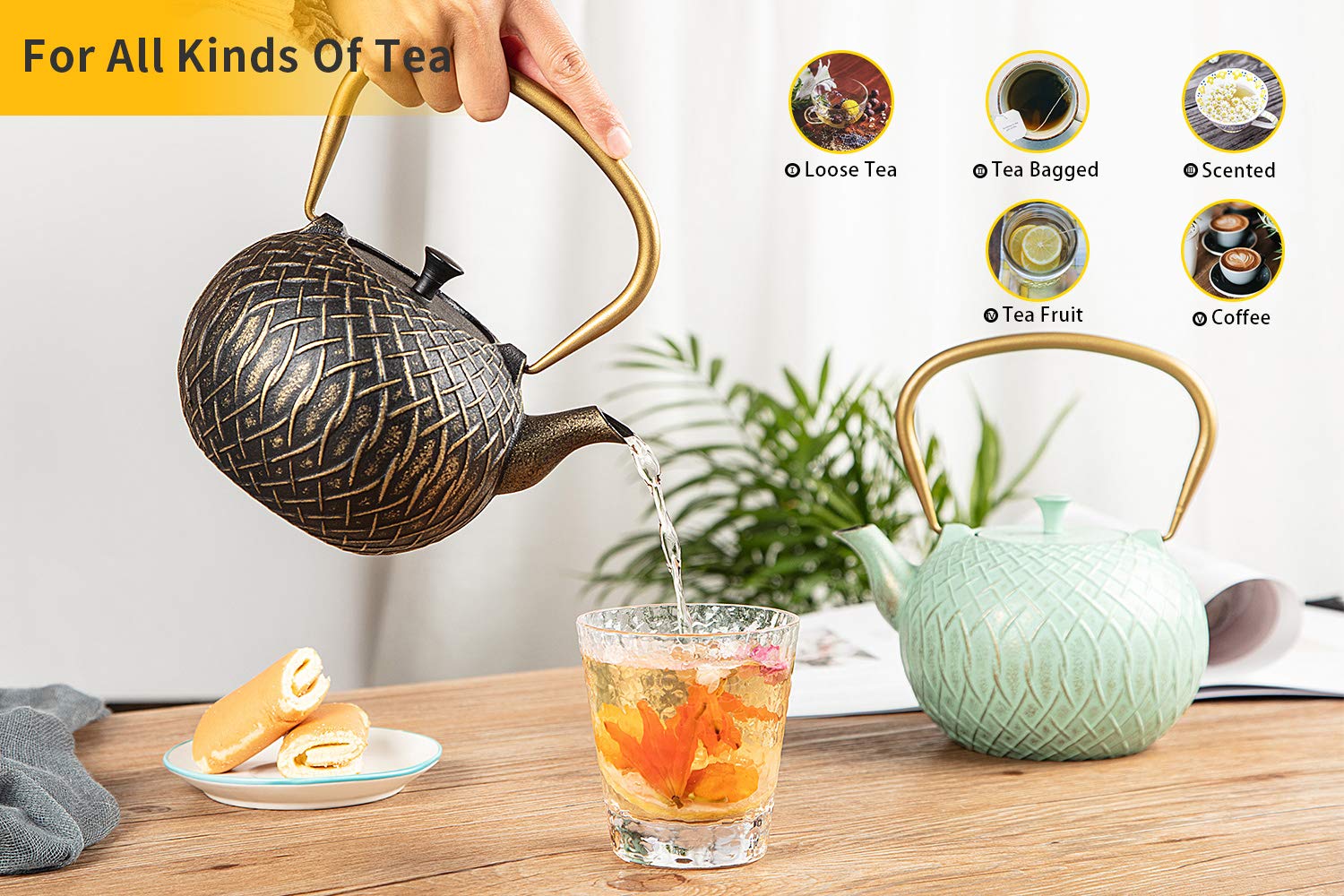 Tea Kettle, Toptier Japanese Cast Iron Tea Kettle for Stove Top, Stovetop Safe Teapot with Infusers for Loose Tea, 34 Ounce (1000 ml), Dark Green Melody