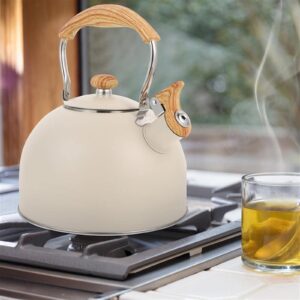 Vilihkc Tea Kettle 2.6 Liter Whistling Tea Kettle, Tea Pots for Stove Top Food Grade Stainless Steel with Wood Pattern Folding Handle, Loud Whistle Kettle for Tea, Coffee, Milk