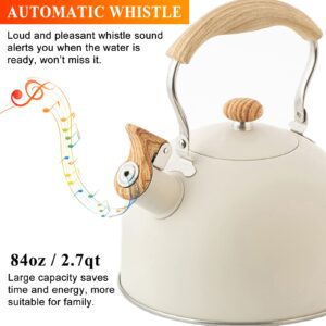 Vilihkc Tea Kettle 2.6 Liter Whistling Tea Kettle, Tea Pots for Stove Top Food Grade Stainless Steel with Wood Pattern Folding Handle, Loud Whistle Kettle for Tea, Coffee, Milk