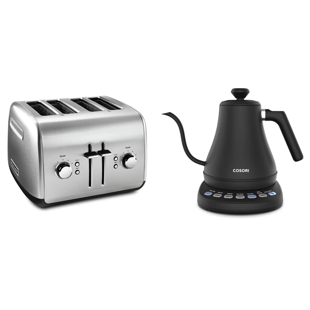 KitchenAid KMT4115SX 4-Slice Toaster, Metallic & Cosori Electric Gooseneck Kettle with 5 Variable Presets, Pour Over Kettle and Coffee Kettle, 0.8l, Matte Black