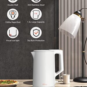 Electric Kettle, 304 Stainless Steel Interior, BPA-Free, Double Wall 1.5L Hot Water Boiler, 1500W Tea Kettle with Auto Shut-Off & Boil Dry Protection, Cordless Base & LED Indicator(White)