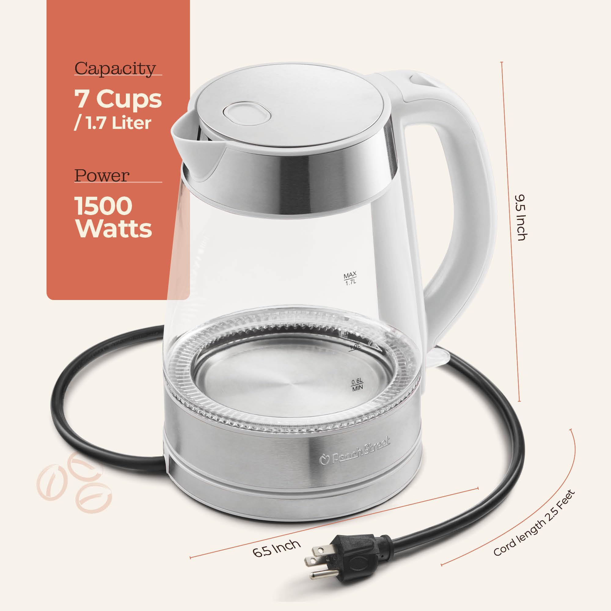 Speed-Boil Water Electric Kettle, 1.7L 1500W, Coffee & Tea Kettle Borosilicate Glass, Water Boiler, Auto Shut-Off, Cool Touch Handle, Base Detachable, LED. 360° Rotation, Boil Dry Protection (White)