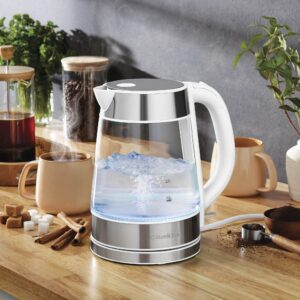 Speed-Boil Water Electric Kettle, 1.7L 1500W, Coffee & Tea Kettle Borosilicate Glass, Water Boiler, Auto Shut-Off, Cool Touch Handle, Base Detachable, LED. 360° Rotation, Boil Dry Protection (White)