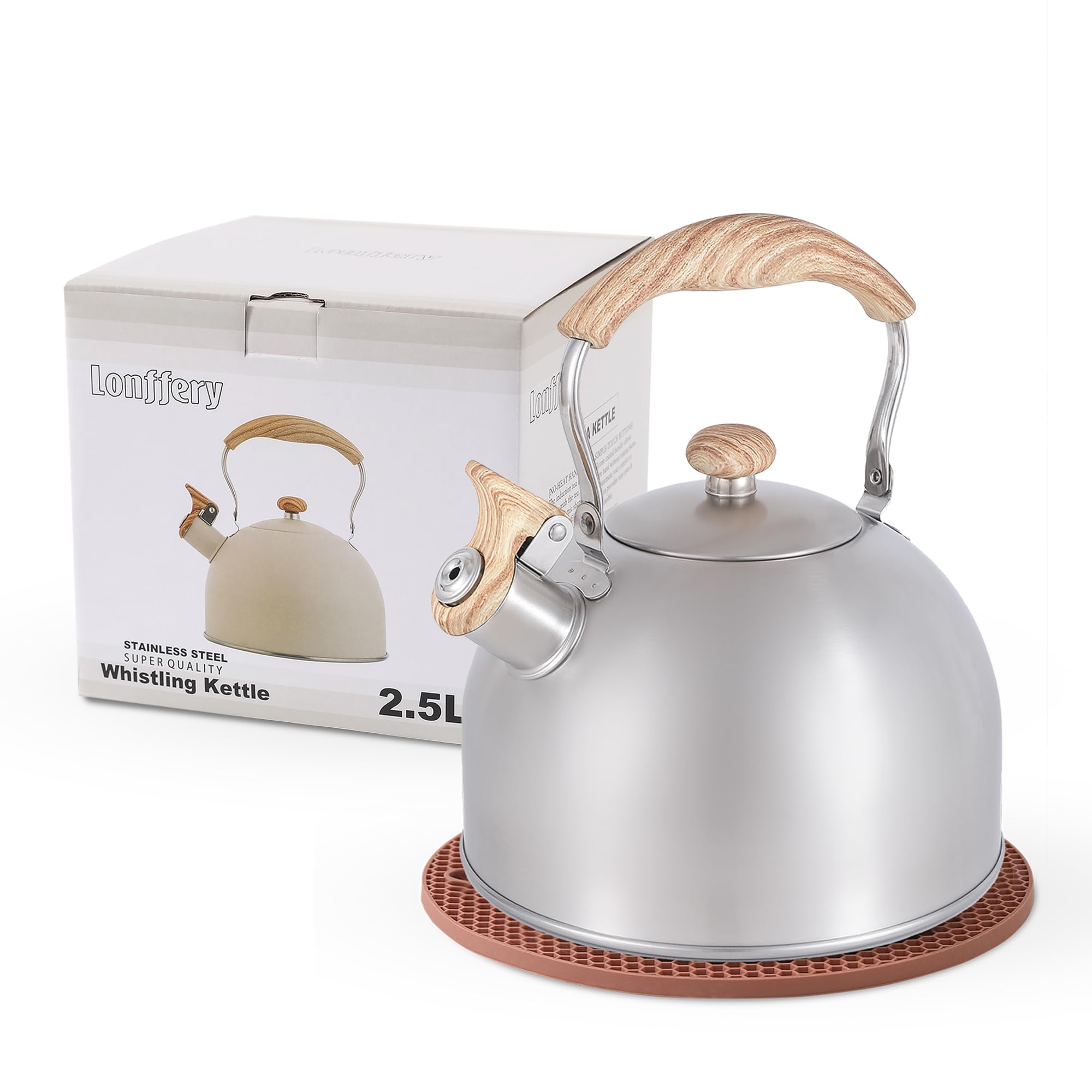 LONFFERY Tea Kettle, 2.5 Quart Whistling Tea Kettle, Tea Pots for Stove Top Food Grade Stainless Steel with Wood Pattern Folding Handle - Silvery