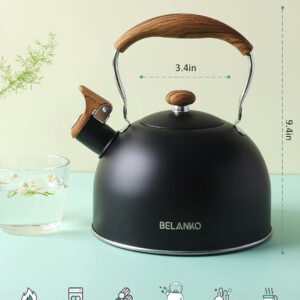 Tea Kettle, BELANKO 85 OZ / 2.5 Liter Whistling Tea Kettle, Tea Pots for Stove Top Food Grade Stainless Steel with Wood Pattern Folding Handle, Loud Whistle Kettle for Tea, Coffee, Milk - Black