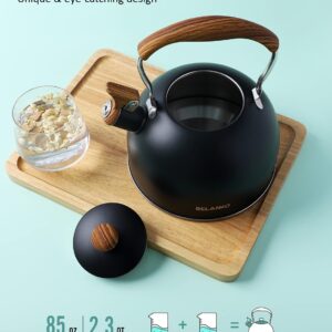 Tea Kettle, BELANKO 85 OZ / 2.5 Liter Whistling Tea Kettle, Tea Pots for Stove Top Food Grade Stainless Steel with Wood Pattern Folding Handle, Loud Whistle Kettle for Tea, Coffee, Milk - Black