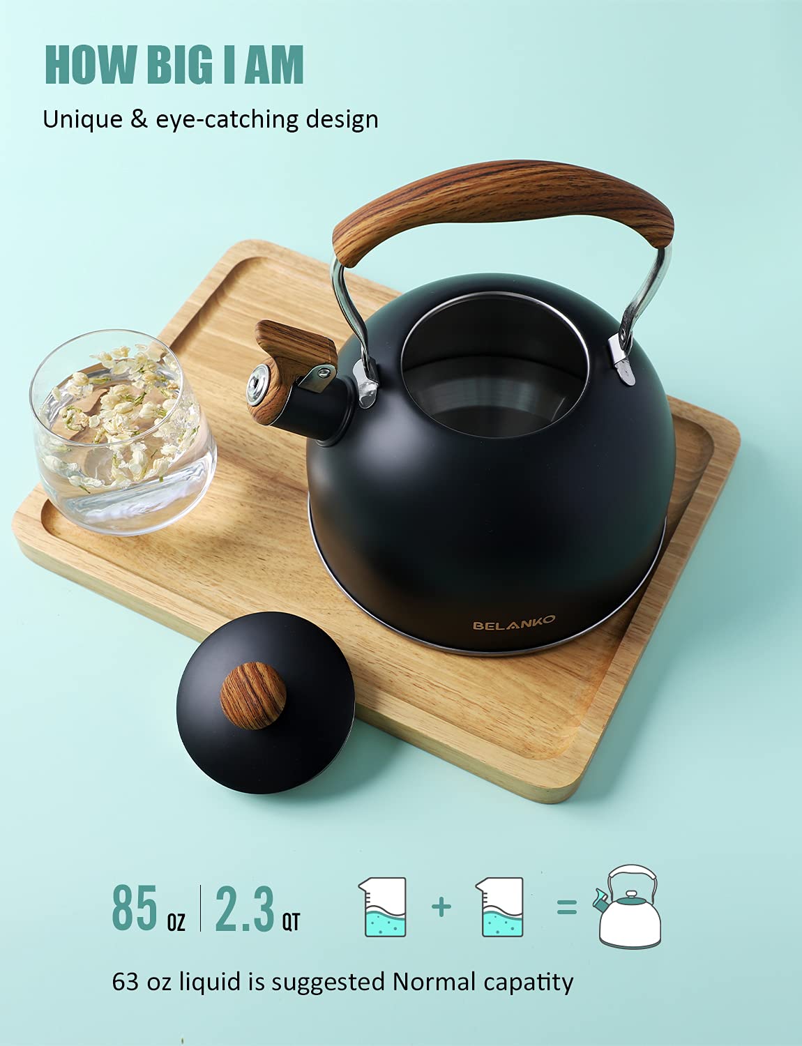 Tea Kettle, BELANKO 85 OZ / 2.5 Liter Whistling Tea Kettle, Tea Pots for Stove Top Food Grade Stainless Steel with Wood Pattern Folding Handle, Loud Whistle Kettle for Tea, Coffee, Milk - Black