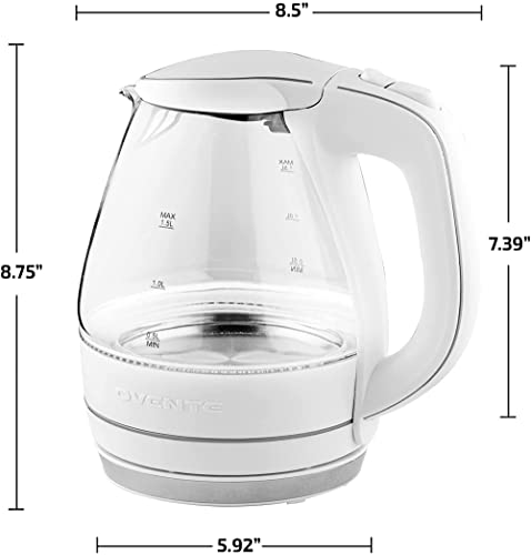 OVENTE Glass Electric Kettle Hot Water Boiler 1.5 Liter Borosilicate Glass Fast Boiling Countertop Heater - BPA Free Auto Shut Off Instant Water Heater Kettle for Coffee & Tea Maker - White KG83W