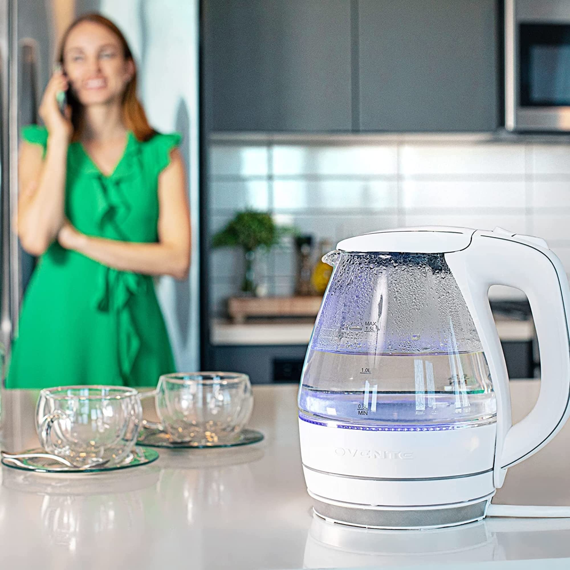 OVENTE Glass Electric Kettle Hot Water Boiler 1.5 Liter Borosilicate Glass Fast Boiling Countertop Heater - BPA Free Auto Shut Off Instant Water Heater Kettle for Coffee & Tea Maker - White KG83W