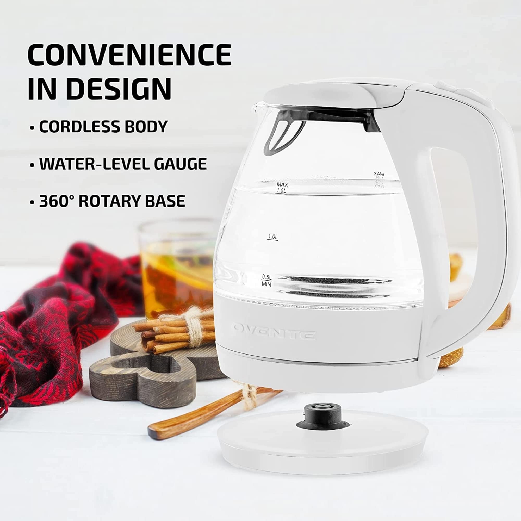 OVENTE Glass Electric Kettle Hot Water Boiler 1.5 Liter Borosilicate Glass Fast Boiling Countertop Heater - BPA Free Auto Shut Off Instant Water Heater Kettle for Coffee & Tea Maker - White KG83W