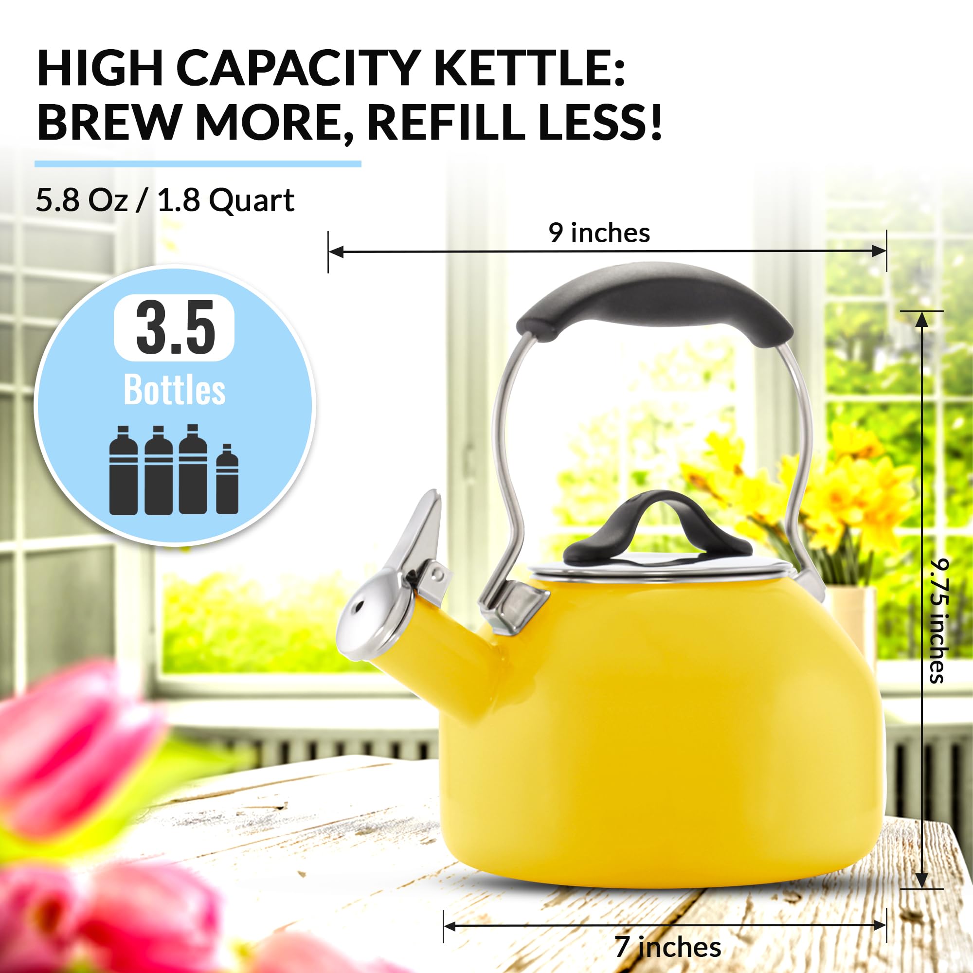 Chantal 1.8 QT Kettle, Oolong Series, Premium Enamel on Carbon Steel, Whistling, Even Heating & Quick Boil (Canary Yellow)