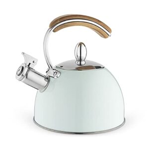 pinky up presley tea kettle, stovetop stainless steel kettle, whistling, tea accessory gifts, fast boil water kettle, wooden handle, 70 oz, pistachio