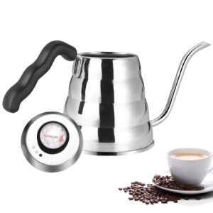 MAXCOOK Tea Kettle Gooseneck Pour Over Coffee Kettle, 304 Stainless Steel Kettle with Thermometer for Exact Temperature, Precision Pour Drip Spout, Compatible with all Stovetops 1L/34oz