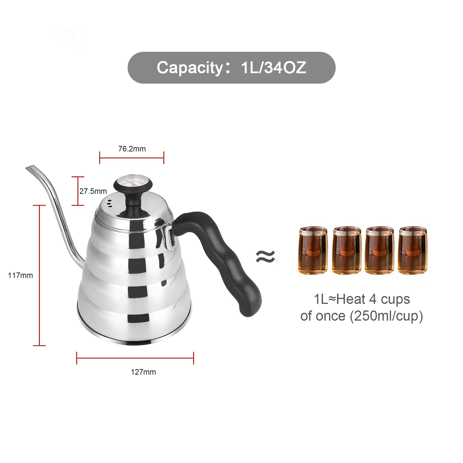 MAXCOOK Tea Kettle Gooseneck Pour Over Coffee Kettle, 304 Stainless Steel Kettle with Thermometer for Exact Temperature, Precision Pour Drip Spout, Compatible with all Stovetops 1L/34oz