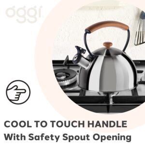 OGGI Tea Kettle for Stove Top - 85oz / 2.5lt, Stainless Steel Kettle with Loud Whistle & Stay-Cool Wood Handle, Ideal Hot Water Kettle and Water Boiler - Silver Mirror