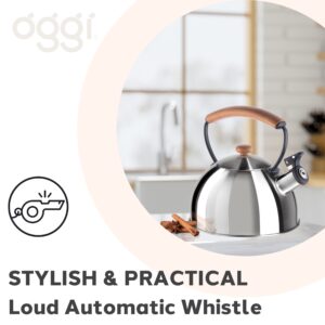 OGGI Tea Kettle for Stove Top - 85oz / 2.5lt, Stainless Steel Kettle with Loud Whistle & Stay-Cool Wood Handle, Ideal Hot Water Kettle and Water Boiler - Silver Mirror