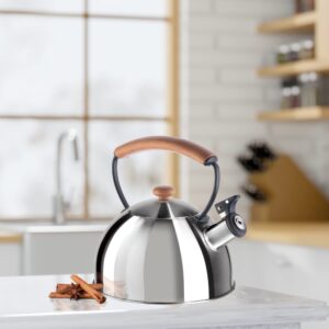 OGGI Tea Kettle for Stove Top - 85oz / 2.5lt, Stainless Steel Kettle with Loud Whistle & Stay-Cool Wood Handle, Ideal Hot Water Kettle and Water Boiler - Silver Mirror