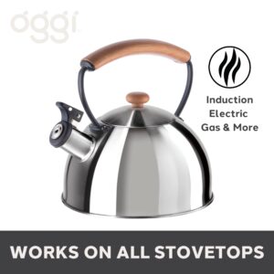 OGGI Tea Kettle for Stove Top - 85oz / 2.5lt, Stainless Steel Kettle with Loud Whistle & Stay-Cool Wood Handle, Ideal Hot Water Kettle and Water Boiler - Silver Mirror