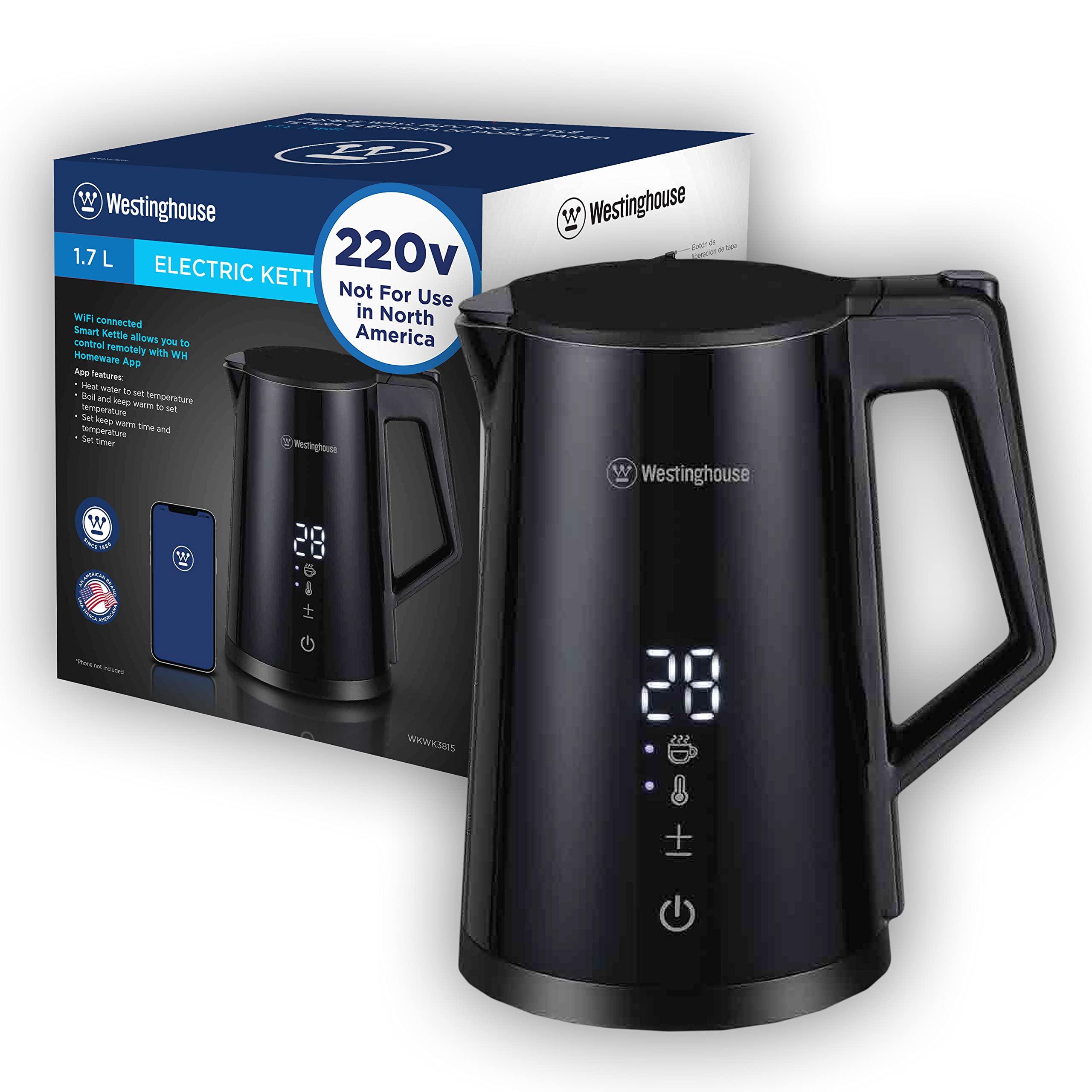 Westinghouse 220 volts Kettle -Smart -Double Wall-Variable Temperature kettle - Stainless steel interior and cool touch exterior 1.7 LIter 220v 240 volt (NOT FOR USE IN USA)