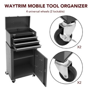 WAYTRIM 3-Drawer Rolling Tool Storage Cabinet Tool Chest Detachable Organizer Combo Side Hooks & Drawer Liners Wheels Lock & Key Tool Storage Organizer Box for Garage, Warehouse (Black)