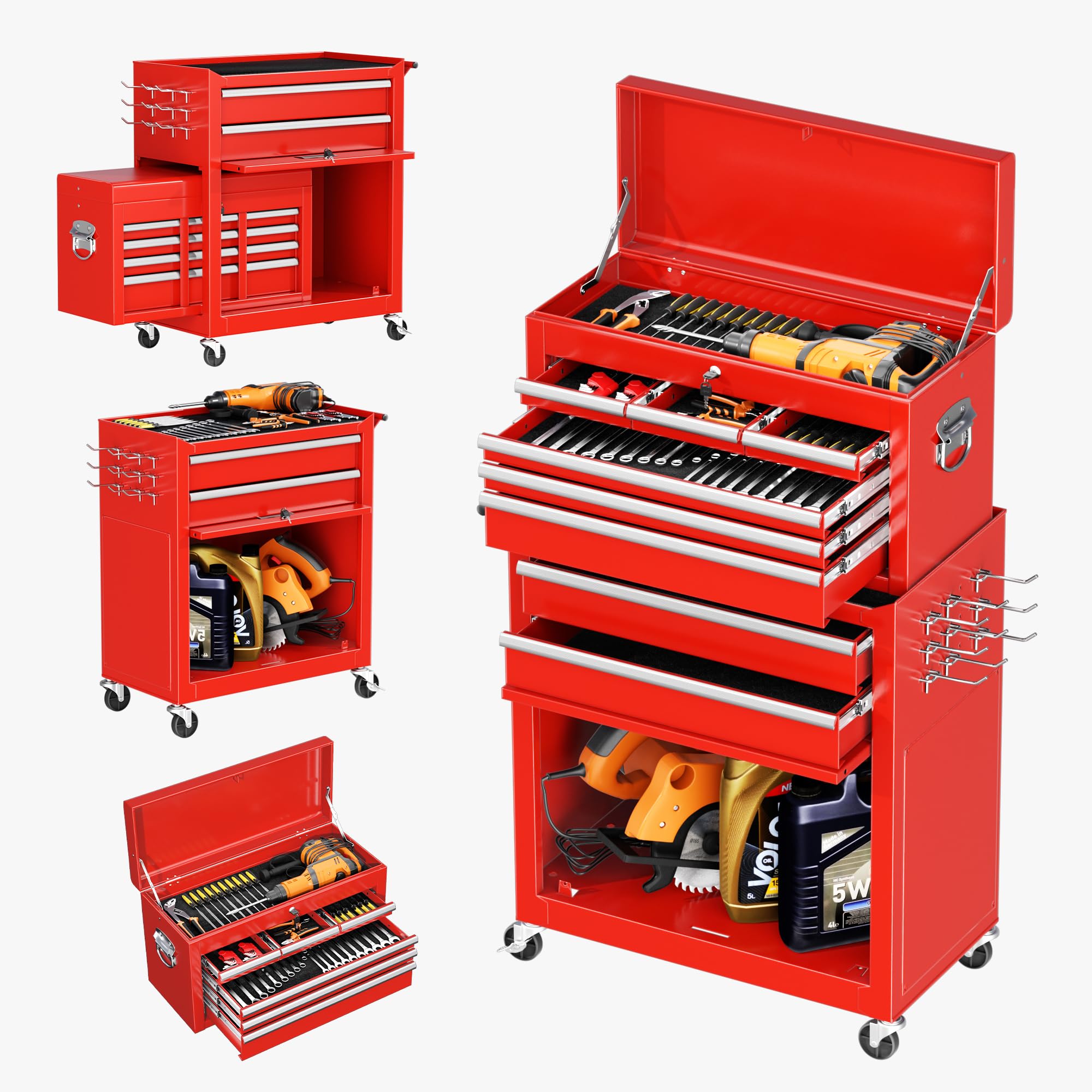 INTERGREAT 8 Drawer Rolling Tool Chest, High Capacity Tool Chest with Wheels, 2-in-1 Detachable Steel Toolchest Organizer Combo, Tool Cabinet for Garage, Workstation (Red)