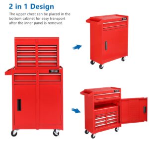 TUFFIOM 5-Drawer Rolling Tool Chest, Tool Storage Cabinet w/Drawers, Wheels, Detachable Top & Adjustable Shelf, Mechanic Tool Organizer Box for Garage, Workshop, Warehouse & Repair Shop, Red