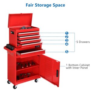 TUFFIOM 5-Drawer Rolling Tool Chest, Tool Storage Cabinet w/Drawers, Wheels, Detachable Top & Adjustable Shelf, Mechanic Tool Organizer Box for Garage, Workshop, Warehouse & Repair Shop, Red