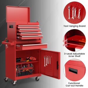 Goplus Rolling Tool Chest, 5-Drawer Tool Box Organizer w/Lockable Wheels & Sliding Drawers & Detachable Top & Adjustable Shelf, Tool Storage Cabinet for Garage Workshop (Red)