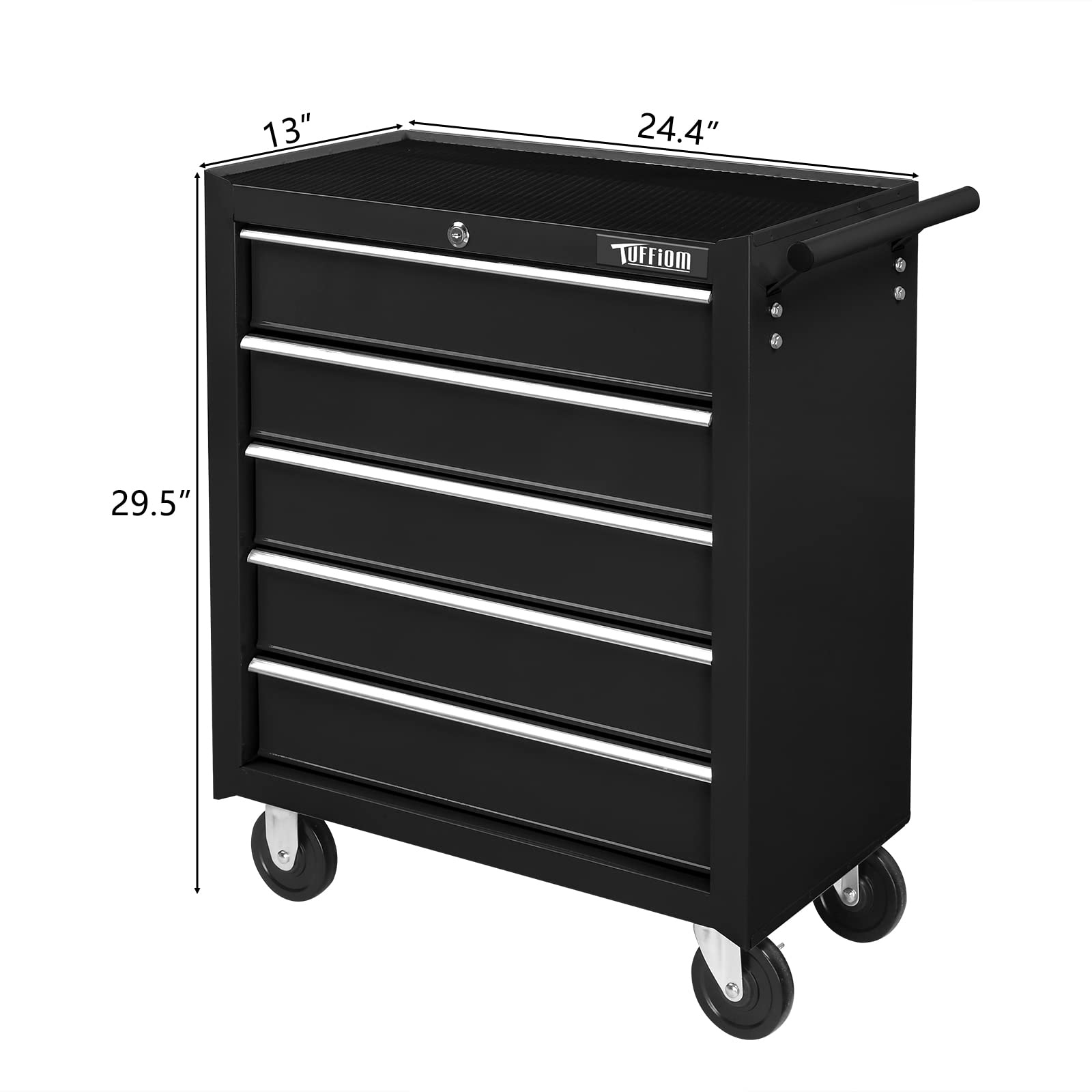 TUFFIOM 5-Drawer Rolling Tool Chest w/Lock & Key, Tool Storage Cabinet with Wheels, Top Cushion & Drawer Liners, Tool Organizer Box for Garage, Warehouse & Repair Shop, Black