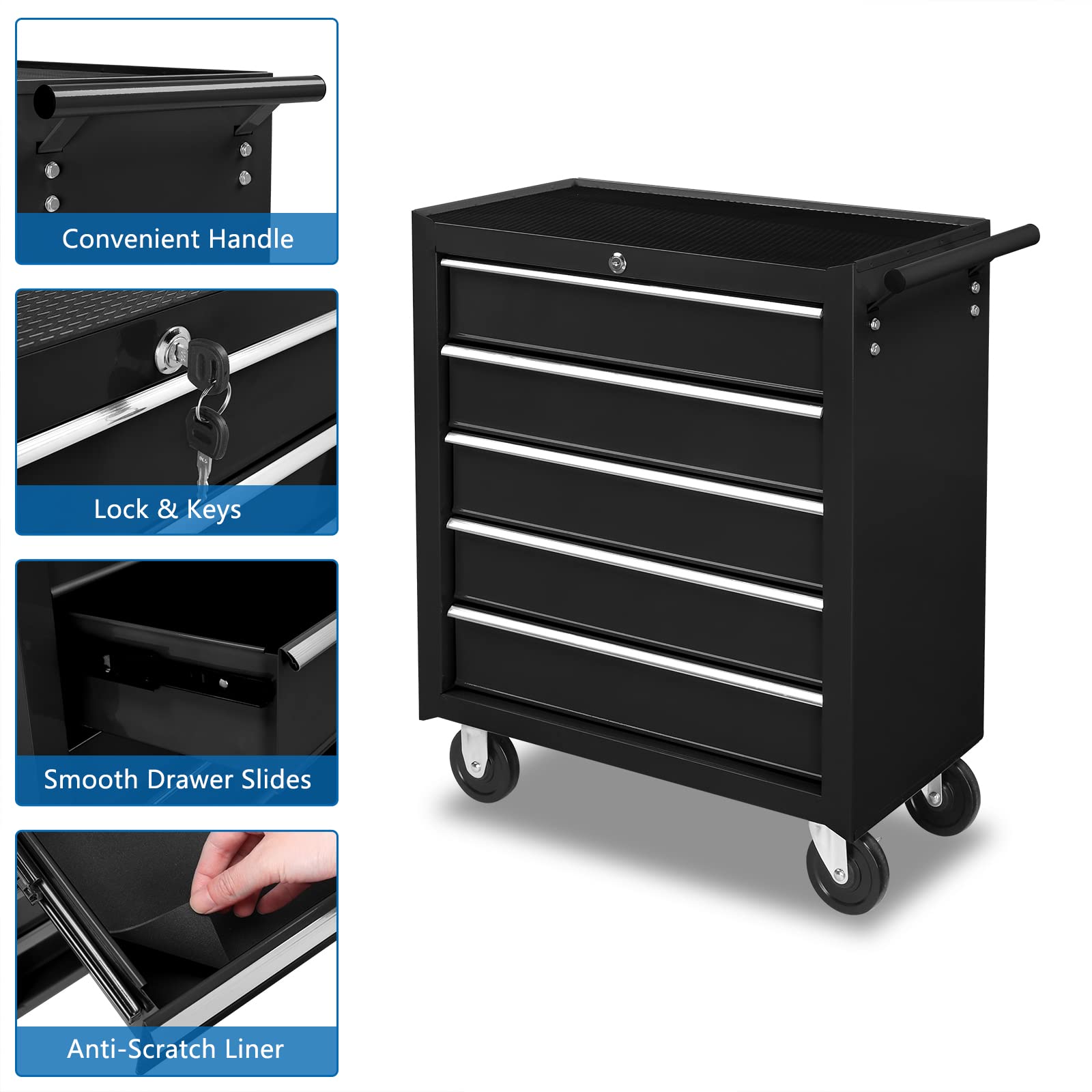 TUFFIOM 5-Drawer Rolling Tool Chest w/Lock & Key, Tool Storage Cabinet with Wheels, Top Cushion & Drawer Liners, Tool Organizer Box for Garage, Warehouse & Repair Shop, Black