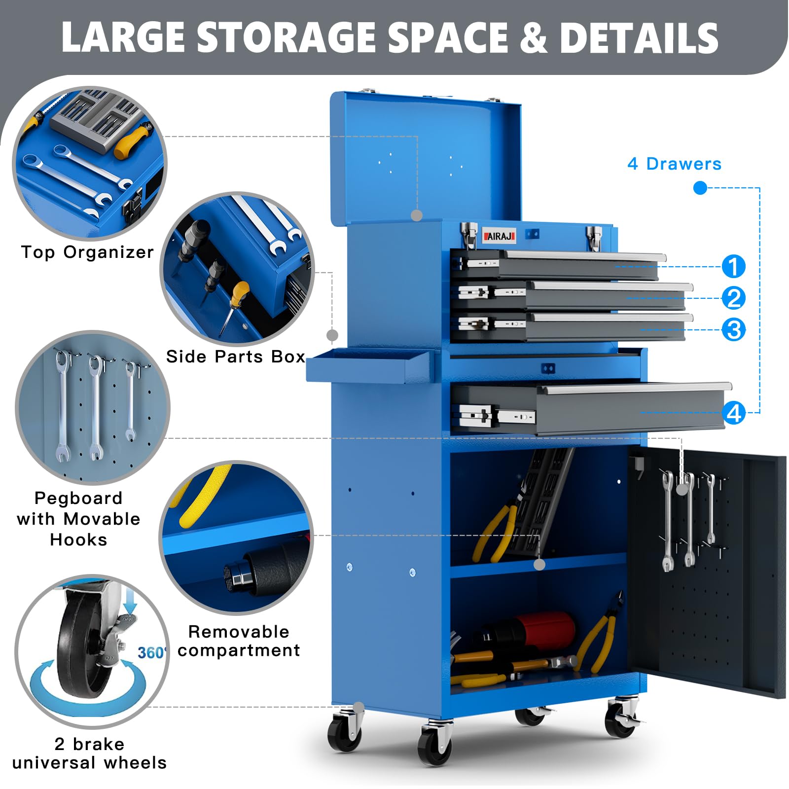 AIRAJ PRO 4 Drawers Tool Chest with Wheels,Rolling Tool Chest with Tool Box Organizer Tray Divider Set,Detachable Cabinet Storage Tool Box with Hooks & Locking System for Workshop Mechanics Garage