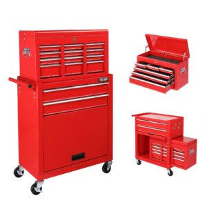 TUFFIOM 8-Drawer Rolling Tool Chest w/Lock & Key, Tool Storage Cabinet w/Wheels, Detachable Top, Drawers & Side Hooks, Mechanic Tool Organizer Box for Garage Warehouse Repair Shop, Red