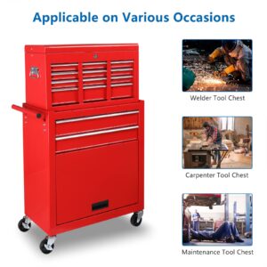 TUFFIOM 8-Drawer Rolling Tool Chest w/Lock & Key, Tool Storage Cabinet w/Wheels, Detachable Top, Drawers & Side Hooks, Mechanic Tool Organizer Box for Garage Warehouse Repair Shop, Red