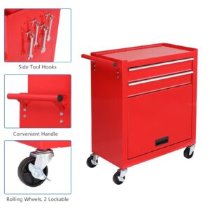 TUFFIOM 8-Drawer Rolling Tool Chest w/Lock & Key, Tool Storage Cabinet w/Wheels, Detachable Top, Drawers & Side Hooks, Mechanic Tool Organizer Box for Garage Warehouse Repair Shop, Red