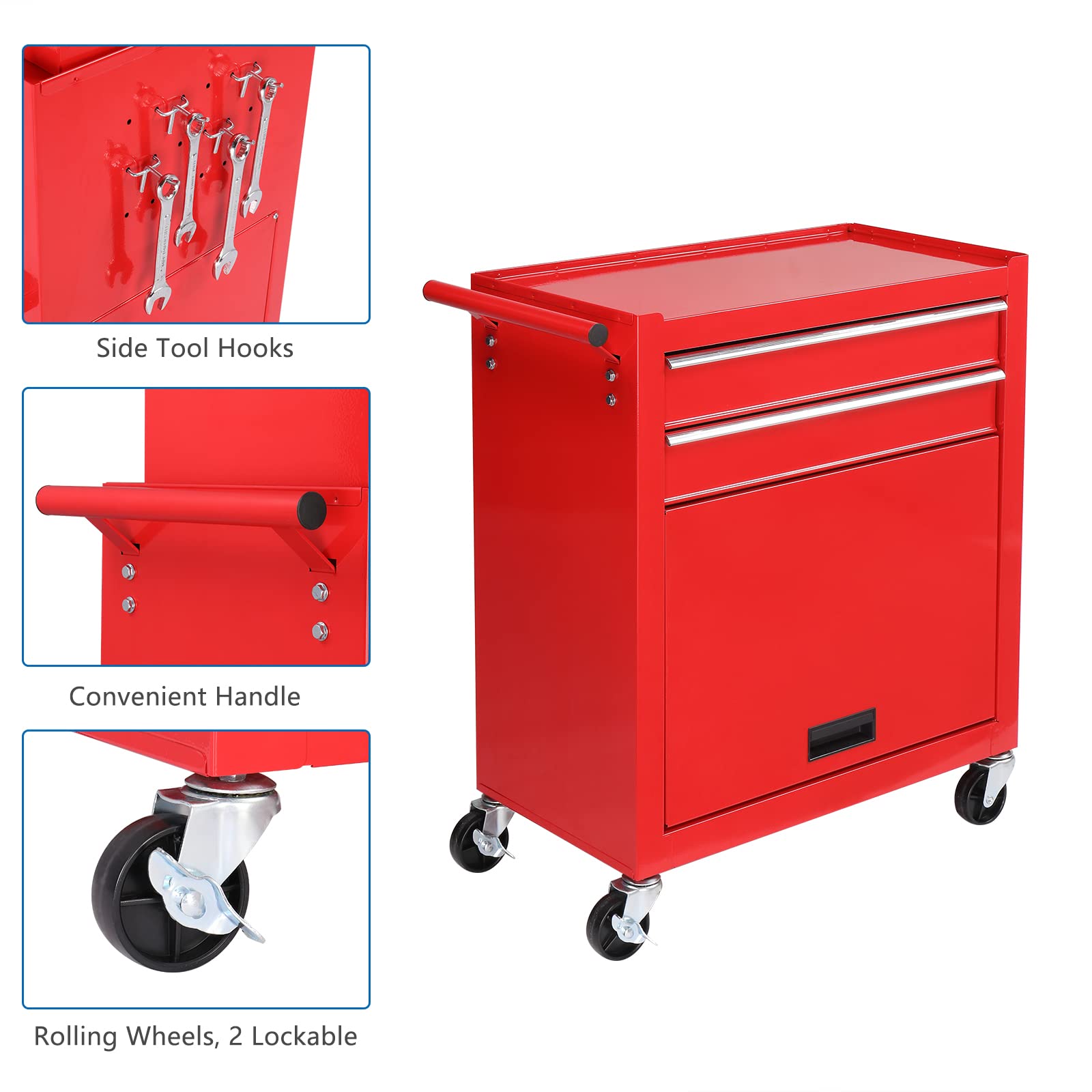 TUFFIOM 8-Drawer Rolling Tool Chest w/Lock & Key, Tool Storage Cabinet w/Wheels, Detachable Top, Drawers & Side Hooks, Mechanic Tool Organizer Box for Garage Warehouse Repair Shop, Red