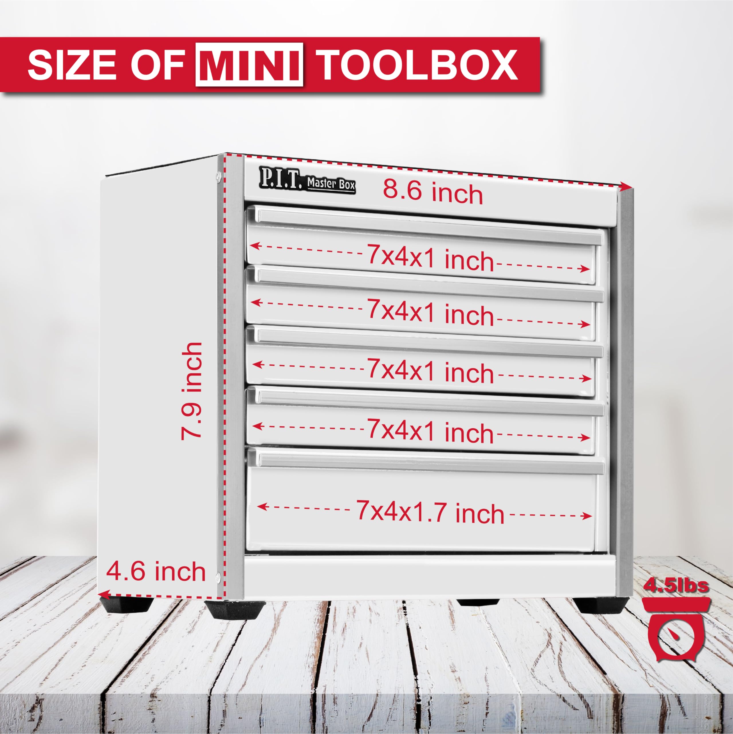 P.I.T. Mini White Tool Box, Portable 5-Drawer Micro Roll Cab Steel Tool Box with Liner, White Small Tool Case for Tools Storage, Home DIY