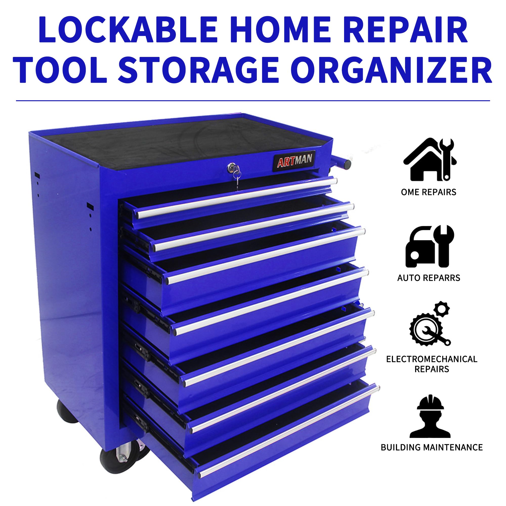 Tool Cart on Wheels 24.2in，7 Drawers Rolling Tool Box，Locked Drawers Storage Organizer Cabinet for Garage, Warehouse, Repair Shop, Workshop