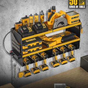 Spampur Power Tool Organizer Wall Mount with Charging Station, Garage Tool Shelf 6 Drill Holders, Tool Battery Holder with Screwdriver Heavy Duty Rack, Tool Storage Rack with 4 Outlet Power Strip