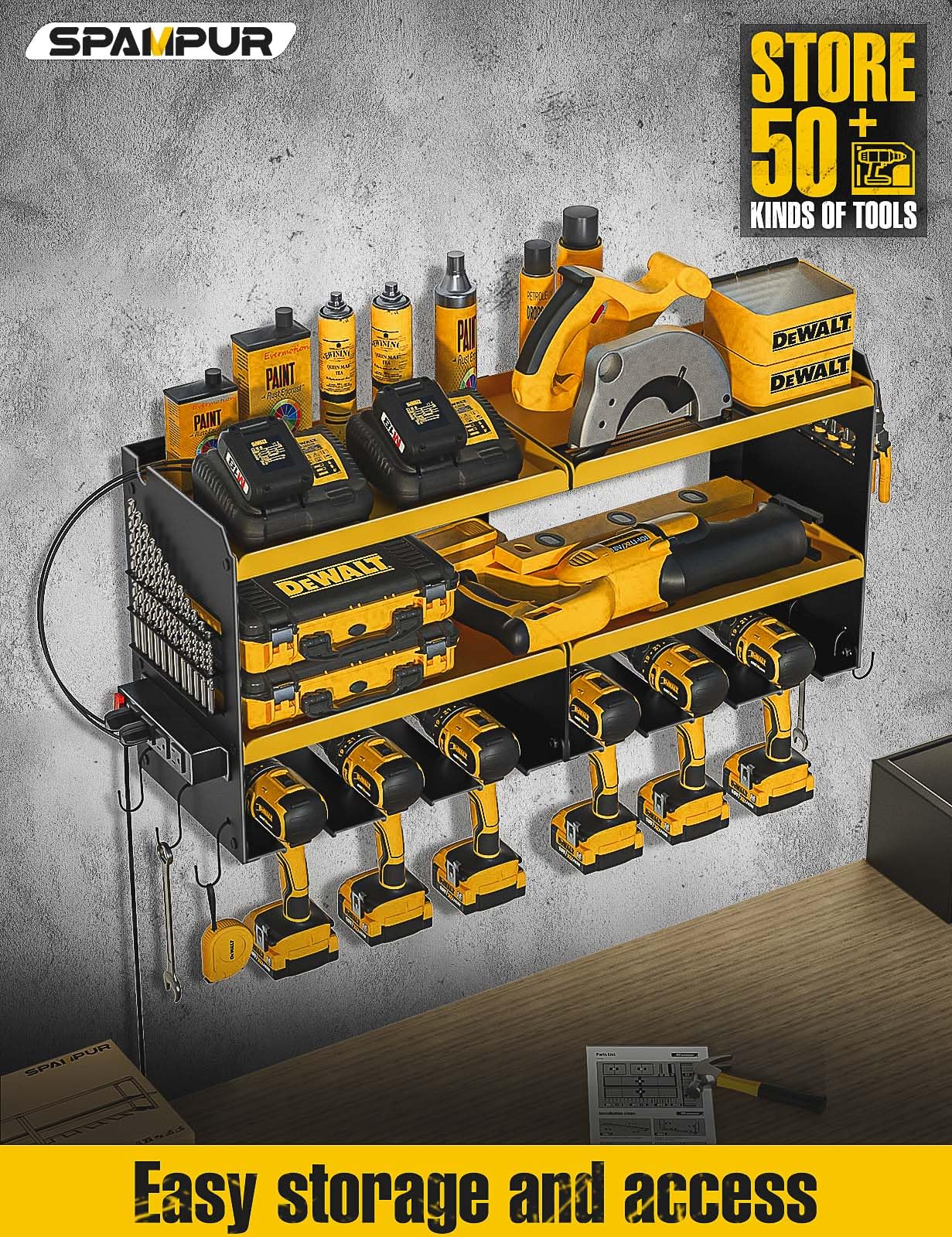 Spampur Power Tool Organizer Wall Mount with Charging Station, Garage Tool Shelf 6 Drill Holders, Tool Battery Holder with Screwdriver Heavy Duty Rack, Tool Storage Rack with 4 Outlet Power Strip