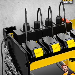 Spampur Power Tool Organizer Wall Mount with Charging Station, Garage Tool Shelf 6 Drill Holders, Tool Battery Holder with Screwdriver Heavy Duty Rack, Tool Storage Rack with 4 Outlet Power Strip